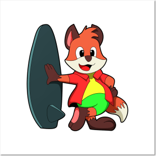 Fox as Surfer with Surfboard Posters and Art